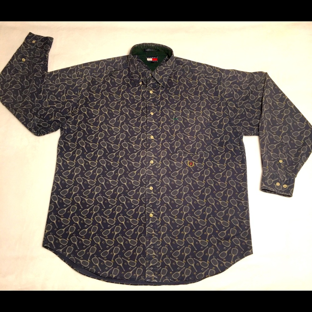 Vintage Tommy Hilfiger TENNIS RACKET Print Long Sleeve Polo (Lrg)